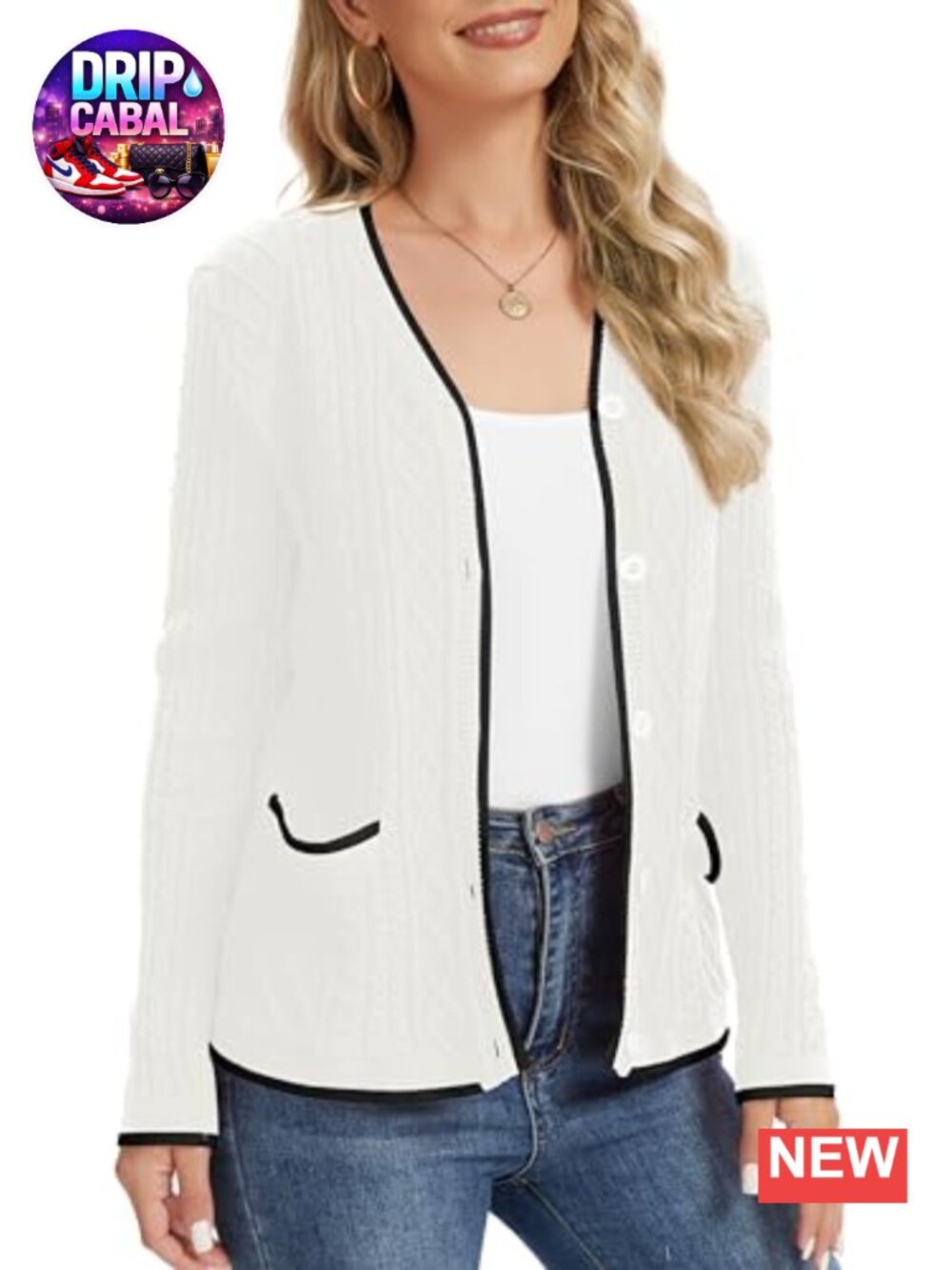 Women's V-Neck Button Down Cable Knit Cardigan Sweater with Pockets